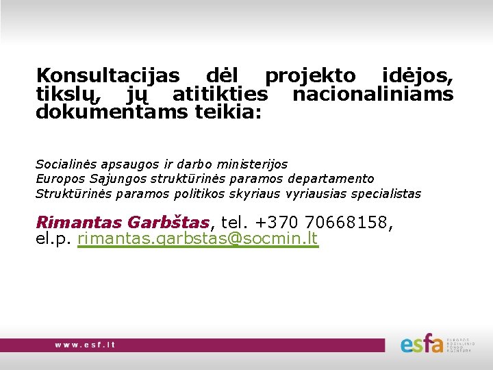 Konsultacijas dėl projekto idėjos, tikslų, jų atitikties nacionaliniams dokumentams teikia: Socialinės apsaugos ir darbo