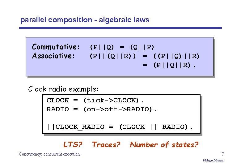 parallel composition - algebraic laws Commutative: Associative: (P||Q) = (Q||P) (P||(Q||R)) = ((P||Q)||R) =