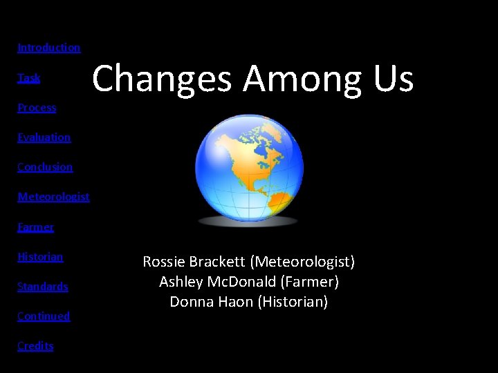 Introduction Task Process Changes Among Us Evaluation Conclusion Meteorologist Farmer Historian Standards Continued Credits Introduction Task Process Changes Among Us Evaluation Conclusion Meteorologist Farmer Historian Standards Continued Credits