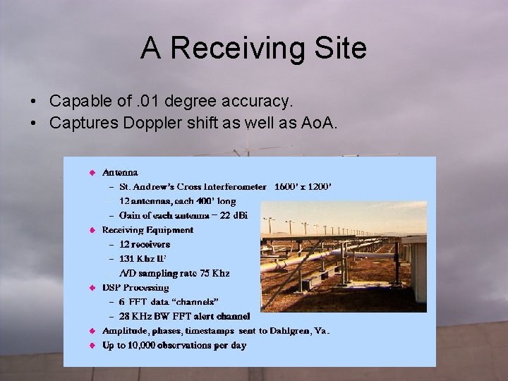A Receiving Site • Capable of. 01 degree accuracy. • Captures Doppler shift as