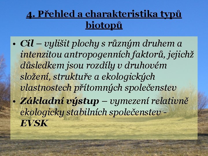 4. Přehled a charakteristika typů biotopů • Cíl – vylišit plochy s různým druhem