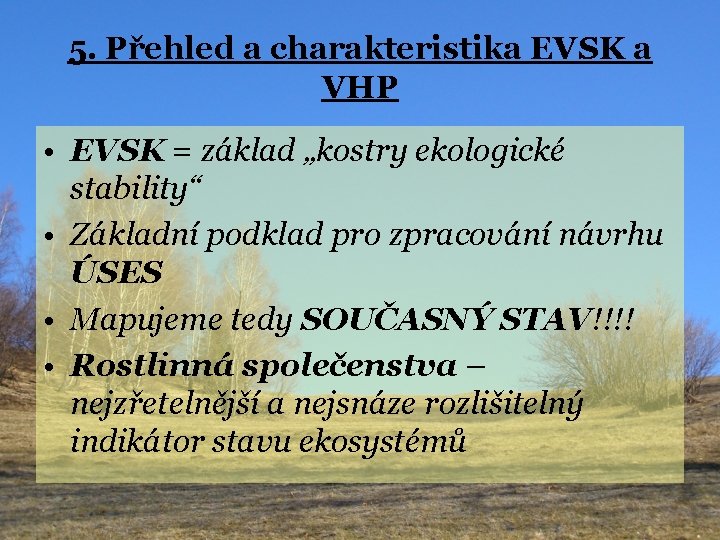 5. Přehled a charakteristika EVSK a VHP • EVSK = základ „kostry ekologické stability“