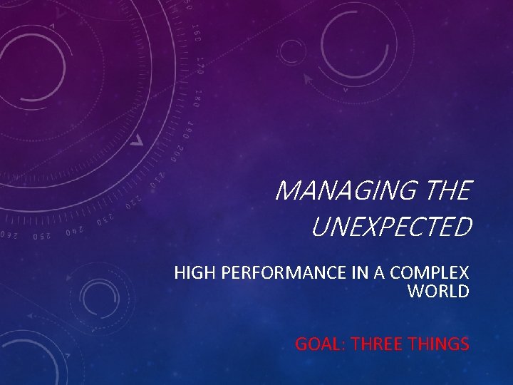 MANAGING THE UNEXPECTED HIGH PERFORMANCE IN A COMPLEX WORLD GOAL: THREE THINGS 