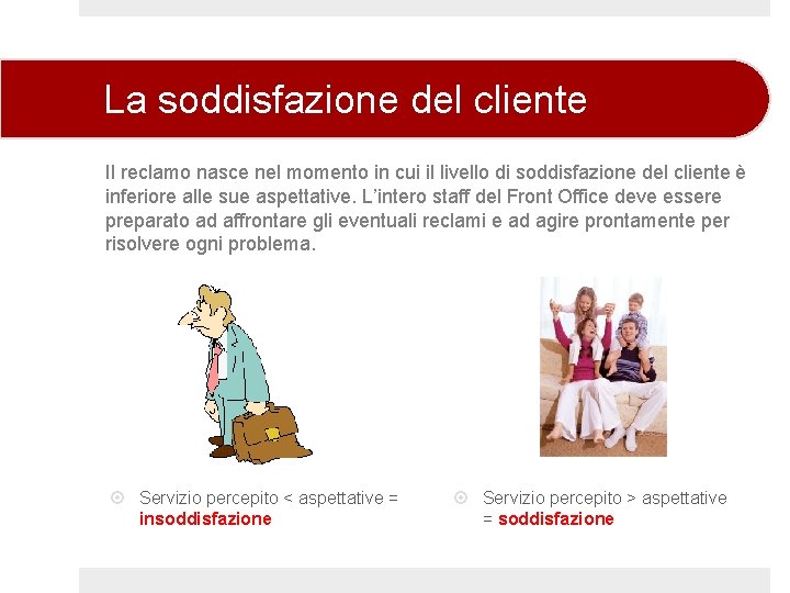 La soddisfazione del cliente Il reclamo nasce nel momento in cui il livello di