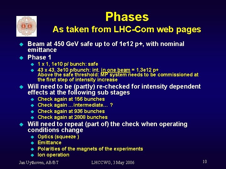 Phases As taken from LHC-Com web pages u u Beam at 450 Ge. V
