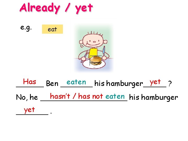 Already / yet e. g. eat Has Ben _______ yet ? eaten his hamburger______ Already / yet e. g. eat Has Ben _______ yet ? eaten his hamburger______