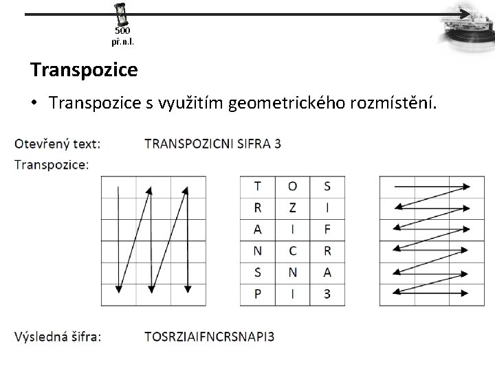 500 př. n. l. Transpozice • Transpozice s využitím geometrického rozmístění. 