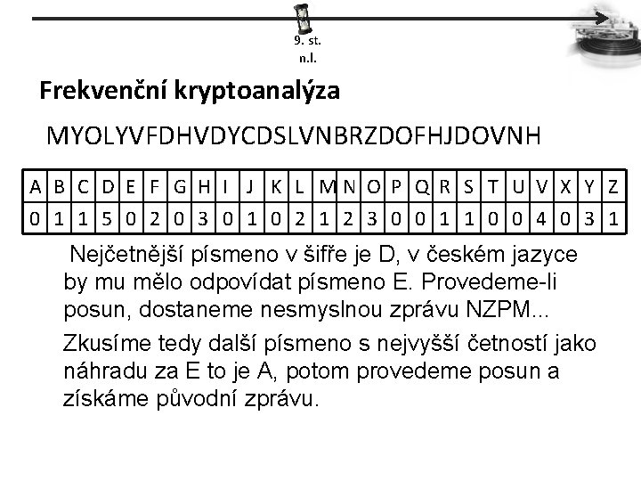 9. st. n. l. Frekvenční kryptoanalýza MYOLYVFDHVDYCDSLVNBRZDOFHJDOVNH A B C D E F G