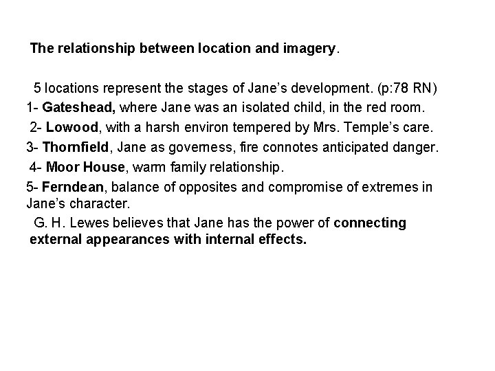 The relationship between location and imagery. 5 locations represent the stages of Jane’s development.