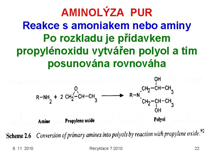 AMINOLÝZA PUR Reakce s amoniakem nebo aminy Po rozkladu je přídavkem propylénoxidu vytvářen polyol