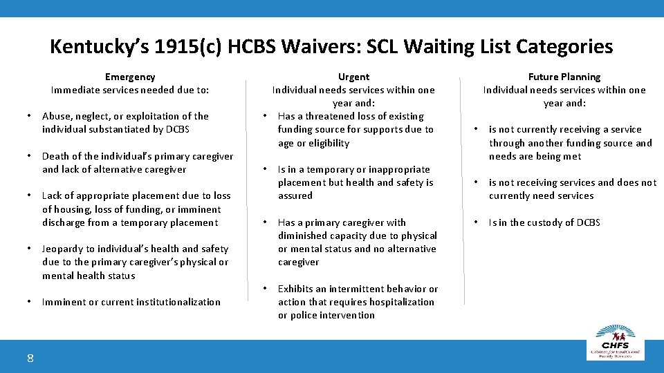 Kentucky’s 1915(c) HCBS Waivers: SCL Waiting List Categories Emergency Immediate services needed due to:
