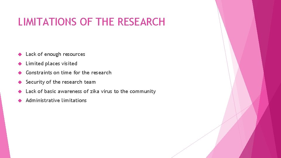 LIMITATIONS OF THE RESEARCH Lack of enough resources Limited places visited Constraints on time LIMITATIONS OF THE RESEARCH Lack of enough resources Limited places visited Constraints on time