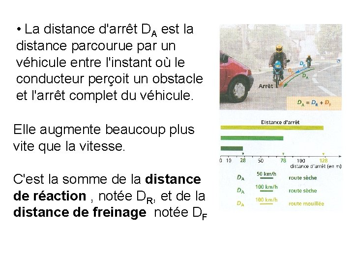  • La distance d'arrêt DA est la distance parcourue par un véhicule entre