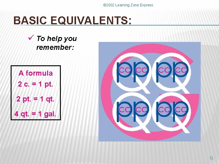 © 2002 Learning Zone Express BASIC EQUIVALENTS: ü To help you remember: A formula