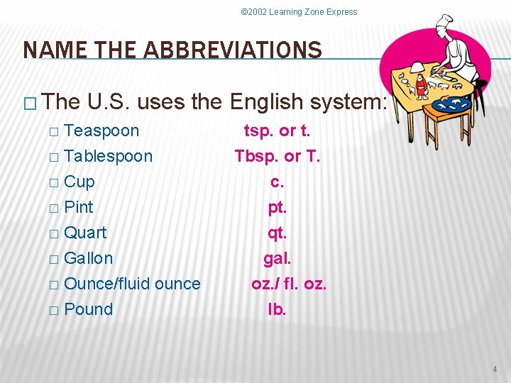 © 2002 Learning Zone Express NAME THE ABBREVIATIONS � The U. S. uses the