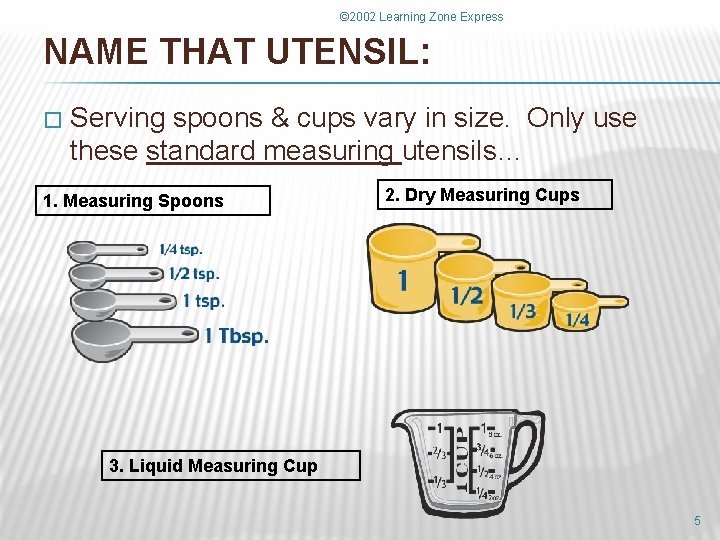© 2002 Learning Zone Express NAME THAT UTENSIL: � Serving spoons & cups vary
