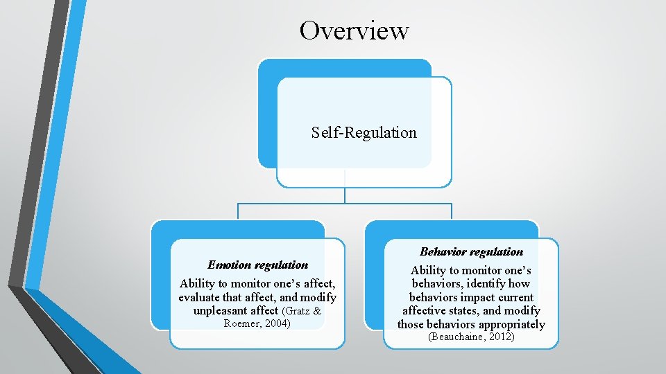 Overview Self-Regulation Emotion regulation Ability to monitor one’s affect, evaluate that affect, and modify