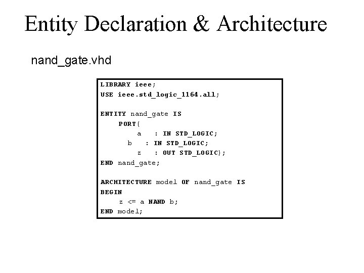 Entity Declaration & Architecture nand_gate. vhd LIBRARY ieee; USE ieee. std_logic_1164. all; ENTITY nand_gate