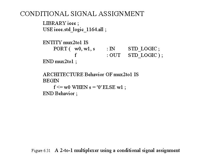 CONDITIONAL SIGNAL ASSIGNMENT LIBRARY ieee ; USE ieee. std_logic_1164. all ; ENTITY mux 2