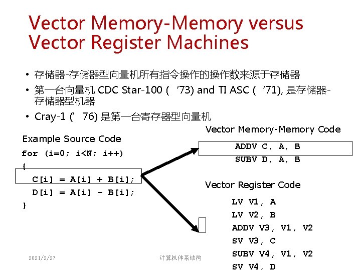 Vector Memory-Memory versus Vector Register Machines • 存储器-存储器型向量机所有指令操作的操作数来源于存储器 • 第一台向量机 CDC Star-100 (‘ 73) Vector Memory-Memory versus Vector Register Machines • 存储器-存储器型向量机所有指令操作的操作数来源于存储器 • 第一台向量机 CDC Star-100 (‘ 73)