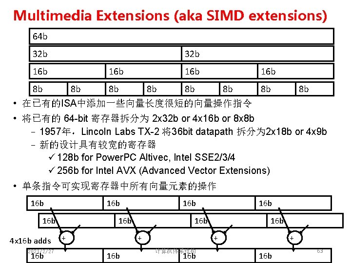 Multimedia Extensions (aka SIMD extensions) 64 b 32 b 16 b 16 b 8 Multimedia Extensions (aka SIMD extensions) 64 b 32 b 16 b 16 b 8