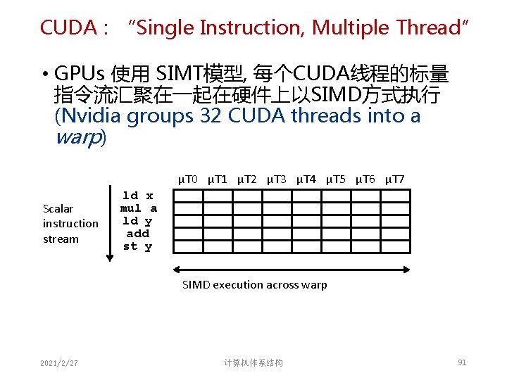 CUDA:“Single Instruction, Multiple Thread” • GPUs 使用 SIMT模型, 每个CUDA线程的标量 指令流汇聚在一起在硬件上以SIMD方式执行 (Nvidia groups 32 CUDA CUDA:“Single Instruction, Multiple Thread” • GPUs 使用 SIMT模型, 每个CUDA线程的标量 指令流汇聚在一起在硬件上以SIMD方式执行 (Nvidia groups 32 CUDA