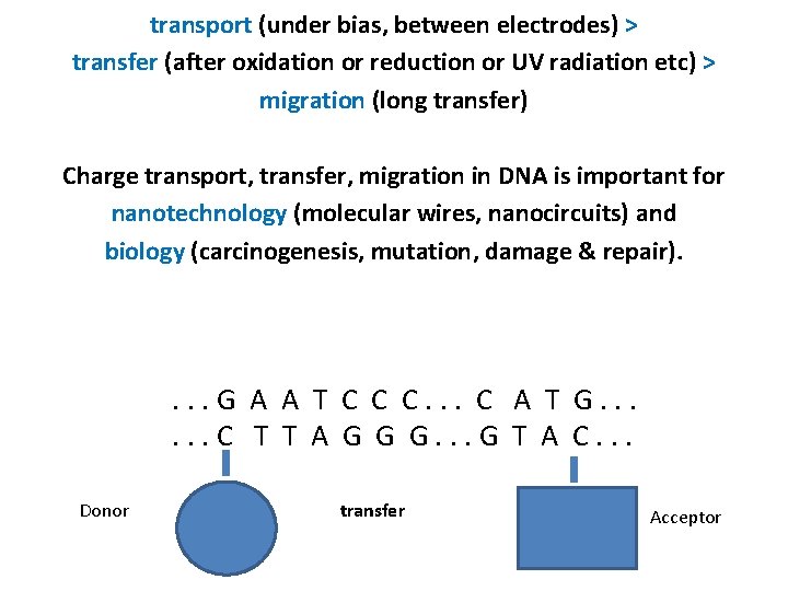transport (under bias, between electrodes) > transfer (after oxidation or reduction or UV radiation