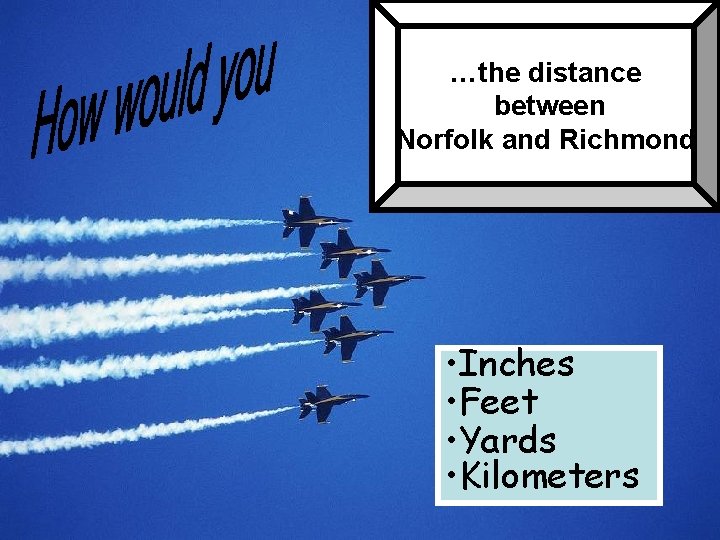 …the distance between Norfolk and Richmond • Inches • Feet • Yards • Kilometers