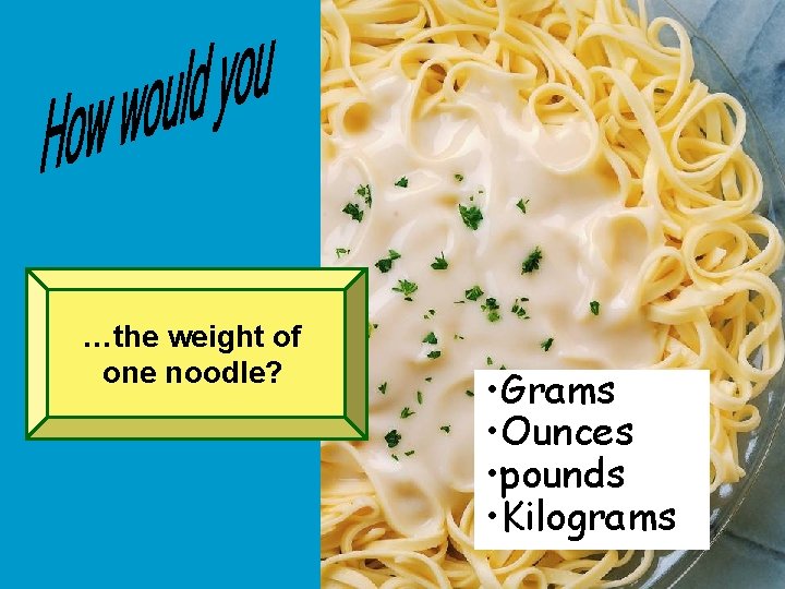…the weight of one noodle? • Grams • Ounces • pounds • Kilograms 