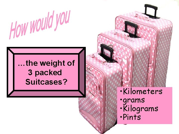 …the weight of 3 packed Suitcases? • Kilometers • grams • Kilograms • Pints