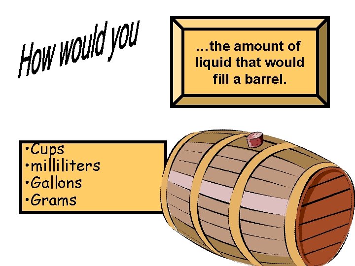 …the amount of liquid that would fill a barrel. • Cups • milliliters •