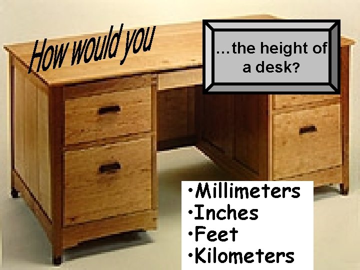 …the height of a desk? • Millimeters • Inches • Feet • Kilometers 