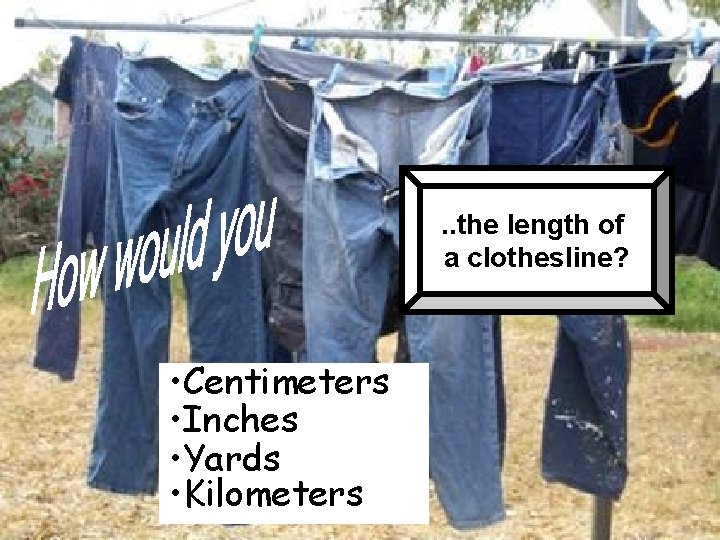 . . the length of a clothesline? • Centimeters • Inches • Yards •