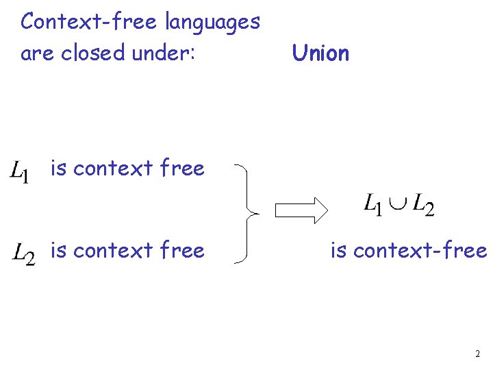 Context-free languages are closed under: Union is context free is context-free 2 