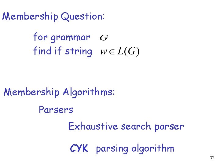 Membership Question: for grammar find if string Membership Algorithms: Parsers Exhaustive search parser CYK