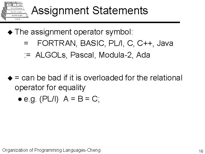 Assignment Statements u The assignment operator symbol: = FORTRAN, BASIC, PL/I, C, C++, Java