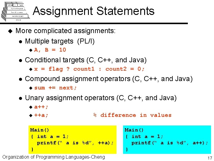 Assignment Statements u More complicated assignments: l Multiple targets (PL/I) u l Conditional targets