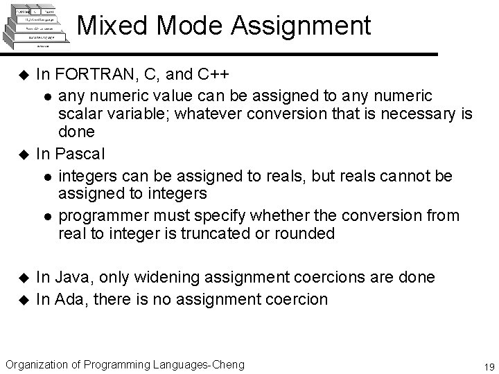 Mixed Mode Assignment u u In FORTRAN, C, and C++ l any numeric value