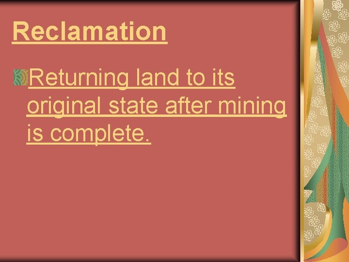 Reclamation Returning land to its original state after mining is complete. 