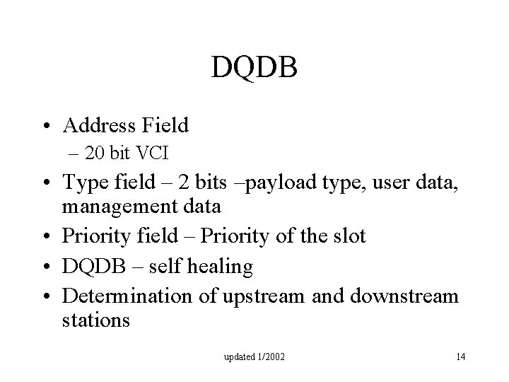 DQDB • Address Field – 20 bit VCI • Type field – 2 bits