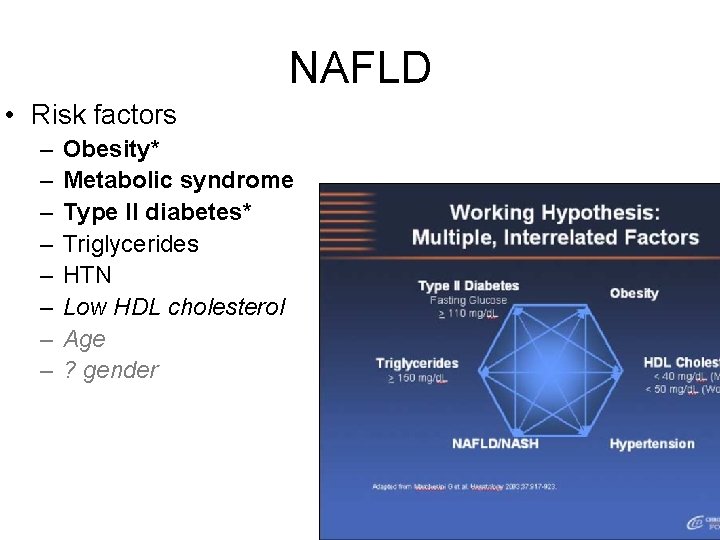 NAFLD • Risk factors – – – – Obesity* Metabolic syndrome Type II diabetes*