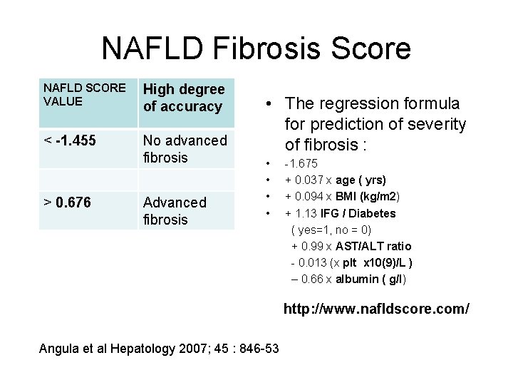 NAFLD Fibrosis Score NAFLD SCORE VALUE High degree of accuracy < -1. 455 No