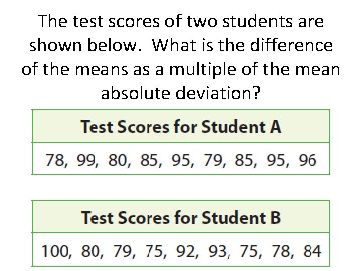 The test scores of two students are shown below. What is the difference of