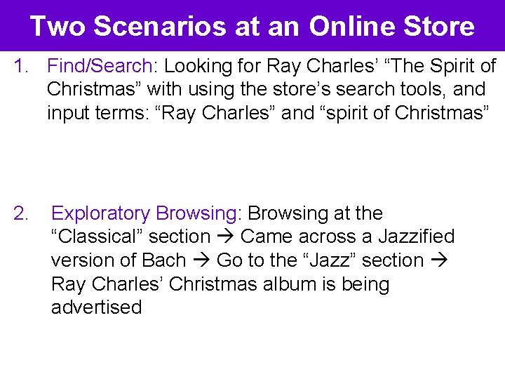 Two Scenarios at an Online Store 1. Find/Search: Looking for Ray Charles’ “The Spirit