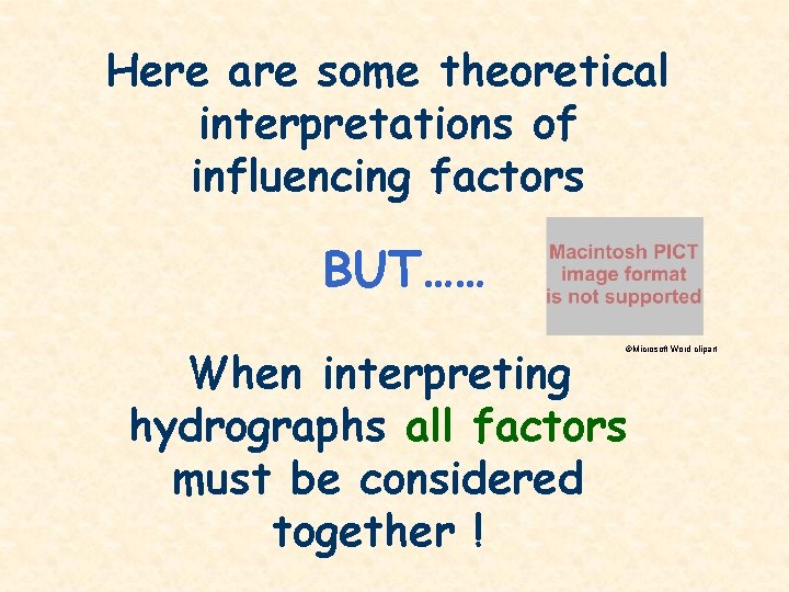 Here are some theoretical interpretations of influencing factors BUT…… When interpreting hydrographs all factors