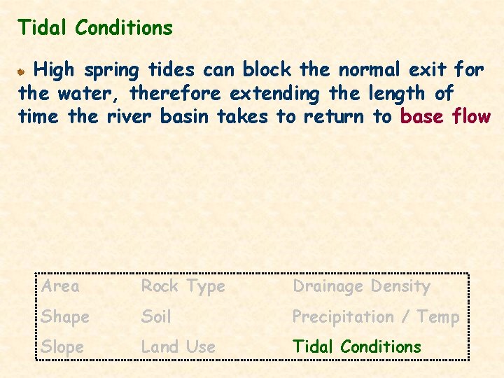 Tidal Conditions High spring tides can block the normal exit for the water, therefore