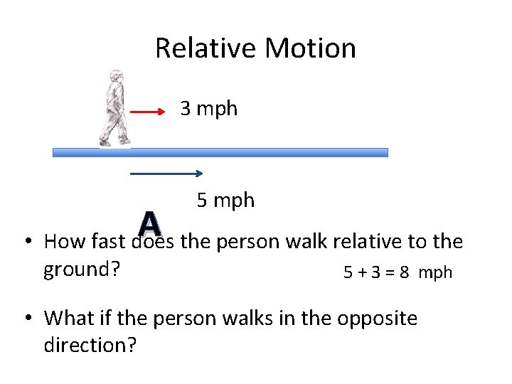 Relative Motion 3 mph 5 mph A • How fast does the person walk