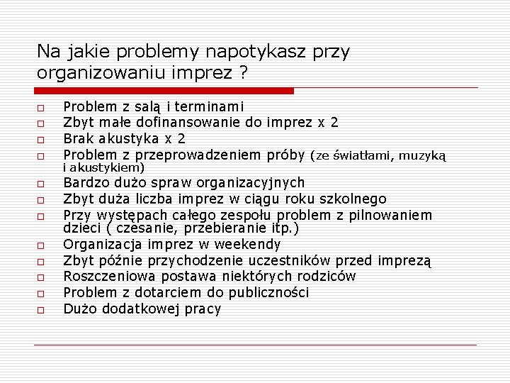 Na jakie problemy napotykasz przy organizowaniu imprez ? o o o Problem z salą