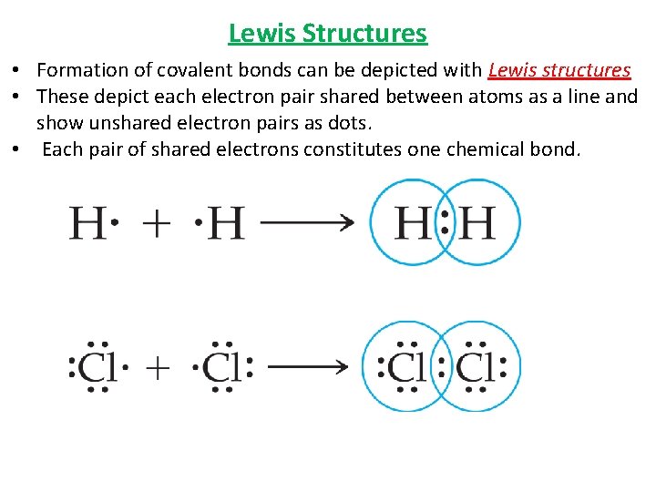 Lewis Structures • Formation of covalent bonds can be depicted with Lewis structures •