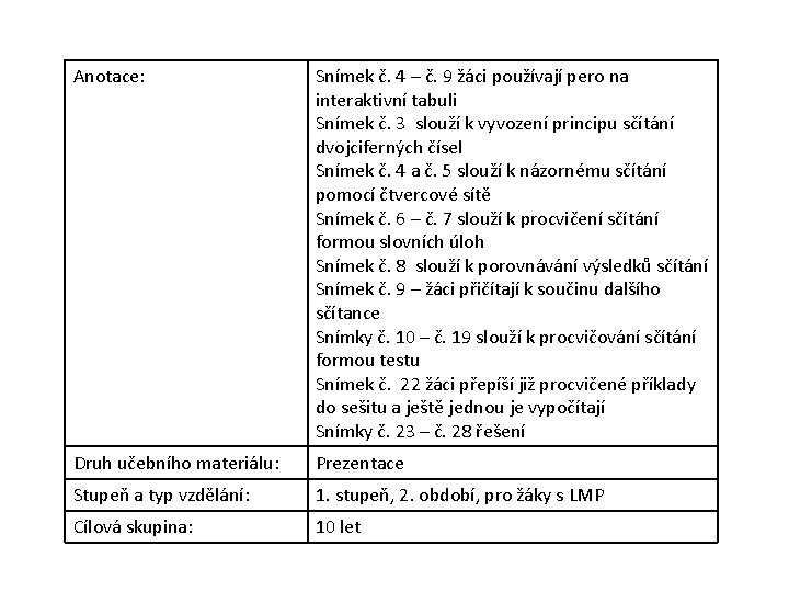 Anotace: Snímek č. 4 – č. 9 žáci používají pero na interaktivní tabuli Snímek